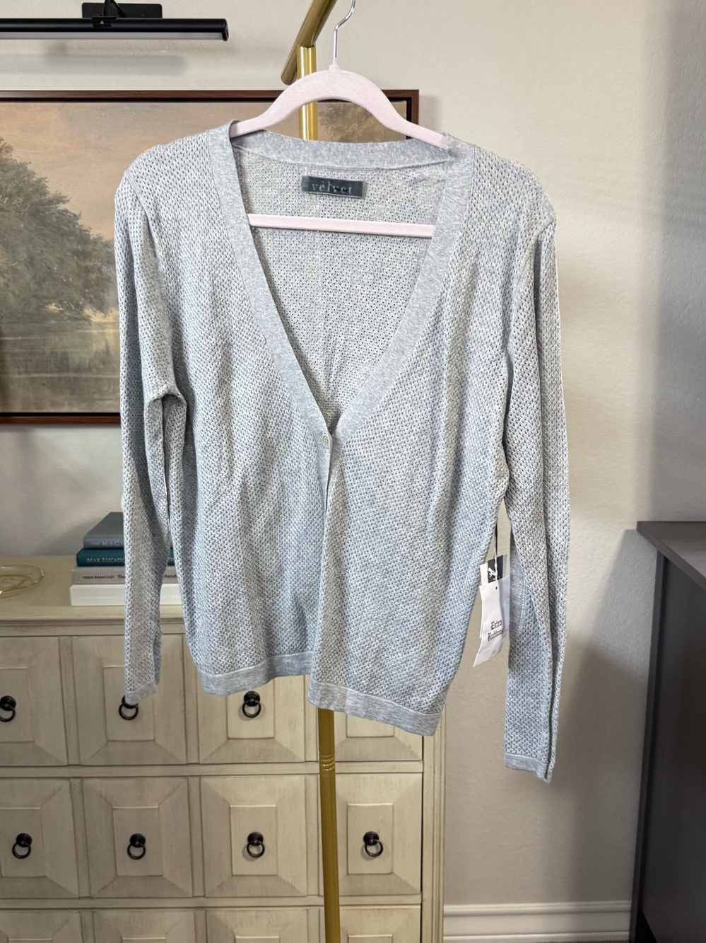 Velvet Light Gray Open V-Neck Knit Cardigan